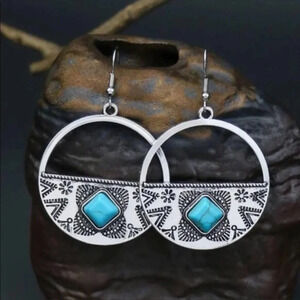 Silver Aztec Print Turquoise Earrings
